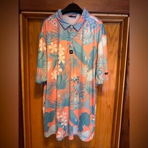 Bad Birdie Polo Shirt Mens XXL 2XL Peach Blue Floral Palm Tropical Riviera Golf